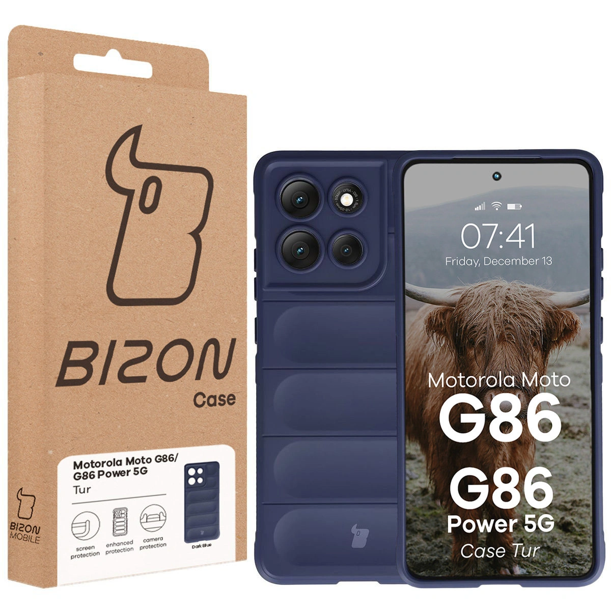 Przód pudełka Bizon Case z dedykowaną etykietą do Motorola Moto G86 5G / G86 Power 5G